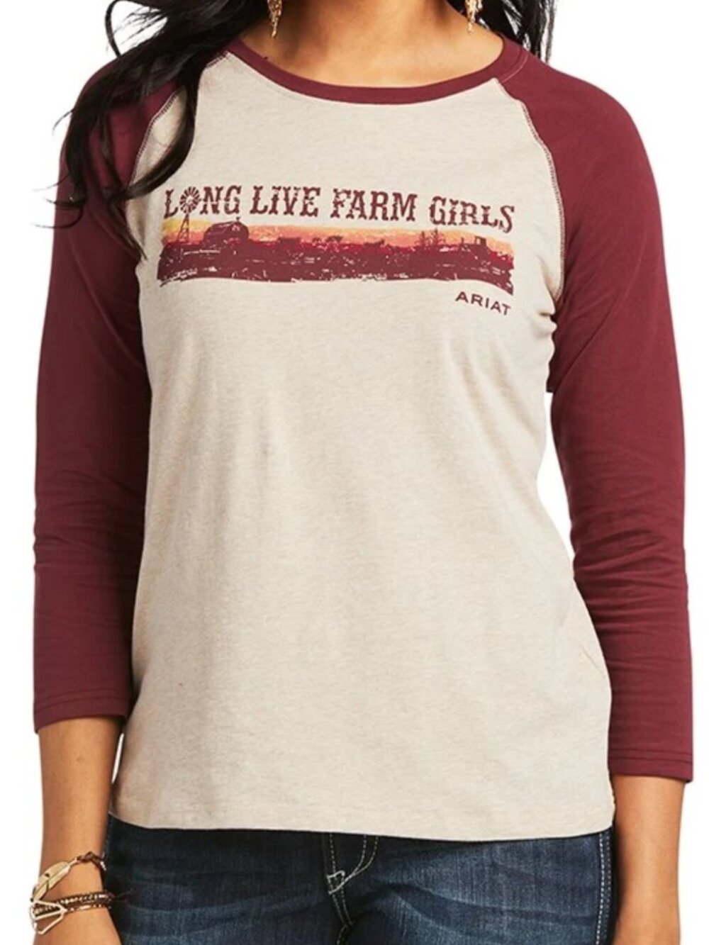 Ariat 'Long Live Farm Girls' Oatmeal Burgundy Baseball T-Shirt L Western Country